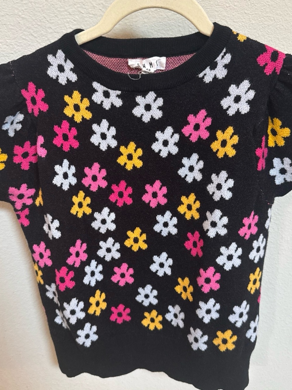 THML Black Crewneck Sweater with Pink, White & Yellow Floral Print